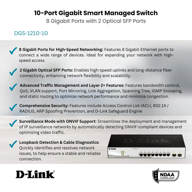 D-Link DGS-1210-10 Conmutador gestionado inteligente Gigabit de 10 puertos con 2 puertos SFP, interfaz de modo de vigilancia, puertos de enlace ascendente de fibra, gestión de capa 2 mejorada