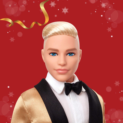 Barbie Signature 2025 Holiday Blonde Ken Collectible Fashion Doll wearing Full Suit with Golden Jacket in Displayable Packaging & Doll Stand, JGK55