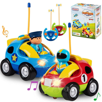 Prextex Remote Control Cars for Kids Age 3 and Up - 2-Pack Cartoon RC Car Police and Race Kids Toys - Realistic Sirens, Honking Sounds, and Flashing Headlights - Ideal Stocking Fillers for Toddlers