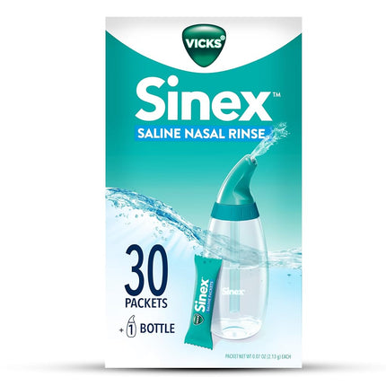 Kit de démarrage Vicks Sinex Saline pour irrigation nasale, solution saline sans médicament, élimine le mucus et les allergènes, soulagement rapide et efficace de la congestion quotidienne due aux sinus et aux allergies, 1 flacon + 30 sachets de recharge.