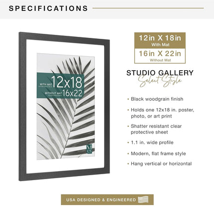 MCS Studio Gallery 16x22 Poster Frame, Display Pictures 12x18 With Mat or 16x22 Without Mat, Vertical & Horizontal Wall Hanging Large Picture Frame for Photos & Posters, Black (1-Pack)