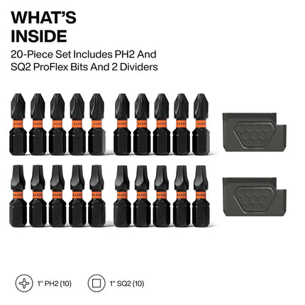 Klein Tools 33002S Slim PH2 & SQ2 Proflex Impact Driver Bit Set (20 Pieces) - MODbox Compatible Storage Case, Phillips & Square Bits, Storage Tray & Storage Tray