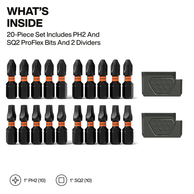 Klein Tools 33002S Slim PH2 & SQ2 Proflex Impact Driver Bit Set (20 Pieces) - MODbox Compatible Storage Case, Phillips & Square Bits, Storage Tray & Storage Tray