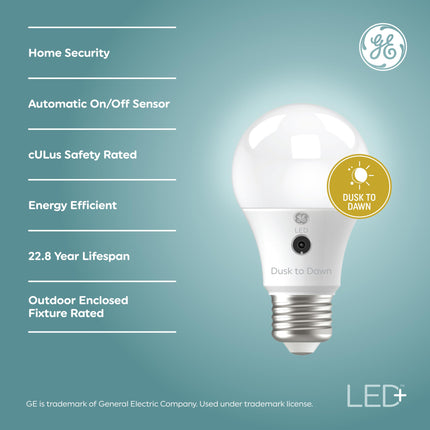 GE LED+Dusk to Dawn A19 LED Bulbs, Auto On/Off Outdoor Light, Daylight, 8.5W (Pack of 3)