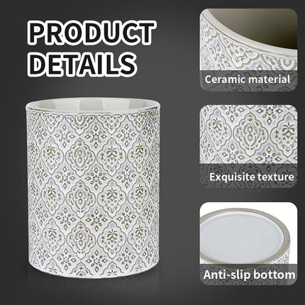 KOOV Kitchen Utensil Holder, Large Utensil Holders for Countertop, 6 x 7 Inches Ceramic Utensil Crock, Deep and Stable, Cooking Utensil Holder, Embossed Pattern, White