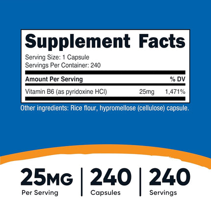 Nutricost Vitamin B6 (Pyridoxine HCl) 25mg, 240 Capsules - Non-GMO, Gluten Free and Vegetarian Friendly