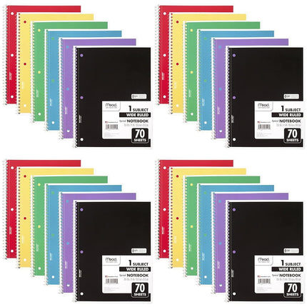 Mead Spiral Notebook, 24 Pack, 1-Subject, Wide Ruled Paper, 7-1/2" x 10-1/2", 70 Sheets per Notebook, Color Will Vary (05510)