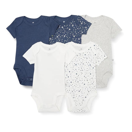 HonestBaby Pack de 5 bodys de manga corta, una pieza, 100% algodón orgánico para bebés, Twinkle Star Navy, 6-9 meses
