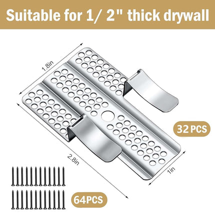 moonoom 32 Pack Drywall Repair Clips, 1/2 inch Drywall Fastener Clip with 64 Screws, Stainless Steel Wall Patch Clips for Damaged Walls Repairing