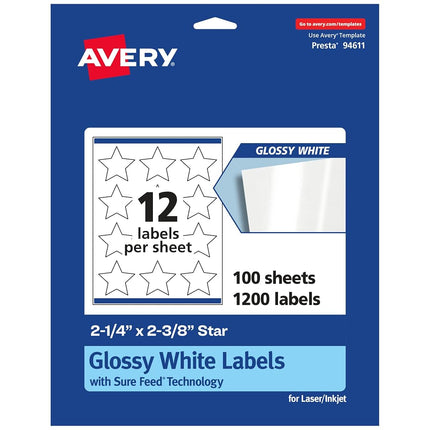 Avery Glossy White Star Labels with Sure Feed, 2-1/4" x 2-3/8", 1,200 Glossy White Labels, Print-to-The-Edge, Permanent Label Adhesive, Laser/Inkjet Printable Labels