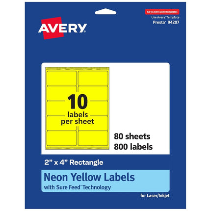 Avery Printable Rectangle Labels, Sure Feed Technology, 2" x 4", Neon Yellow Labels, Laser/Inkjet Printable, 800 Total, Great for Mailing and Candles