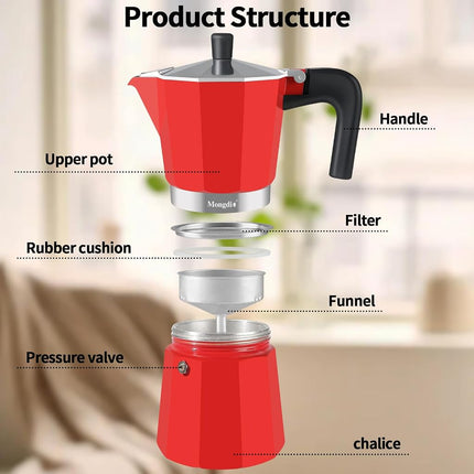 Mongdio Stovetop Espresso Maker Moka Pot, Stove Top Cuban Coffee Maker, Italian Greca Mocha Pot, 12 Espresso Cups, 20 oz - Red