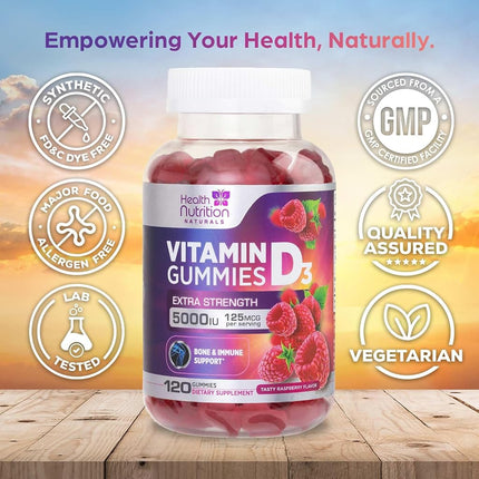 Health Nutrition Naturals Vitamin D3 Gummies 5000IU (125mcg), D Immune Support Gummy, Delicious Raspberry Flavor, Gluten Free Vegetarian GMO-Free Chewable - Bone for Adults, Men, Women 120