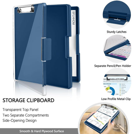SFLHHDM Clipboard with Storage,Heavy Duty Clip Boards 8.5x11 with 2 Storage Case,Clear Visible Panel Storage Clipboards,Side Opening Nursing Clipboard Folder for Office Supplies (Dark Blue)