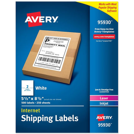 Etiquetas de dirección para envío Avery, impresoras láser y de inyección de tinta, 500 etiquetas, etiquetas de media hoja, adhesivo permanente (95930)