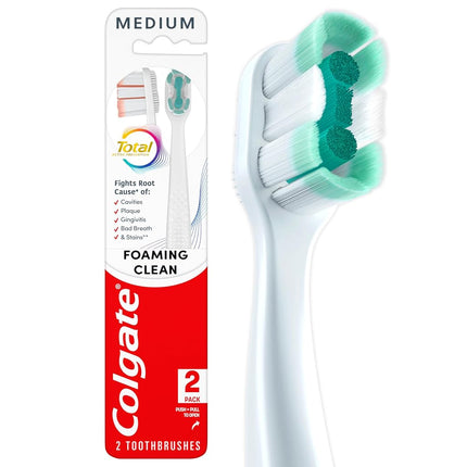 Colgate Total Active Prevention Foaming Clean Medium Toothbrushes, Medium Bristle Toothbrush Pack for Plaque Removal, Helps Reach Deeper Along The Gumline and Between Teeth, White, 2 Pack