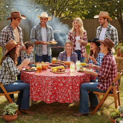 Fun Express Red Bandana Round Disposable Tablecloth - Plastic - Party Supplies