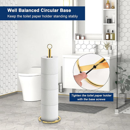 NearMoon Bath Toilet Paper Holder Stand, Free Standing Tissue Paper Storage with Reserve, Space Toilet 4 Rolls Holder for Bathroom/Kitchen Countertop-All Metal (2 Pack, Chrome Gold)