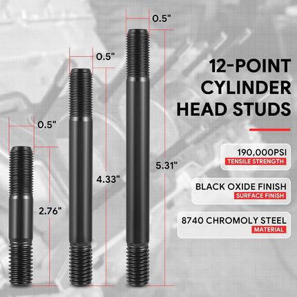 DNA MOTORING Front 12-Point Cylinder Head Studs Compatible with Chrysler 5.2L, 5.9L 318 360 71-85/Dodge 5.2L, 5.6L, 5.9L 318 340 360 68-91/Plymouth 5.2L, 5.6L, 5.9L 318 340 360 68-89, LEPOW-116