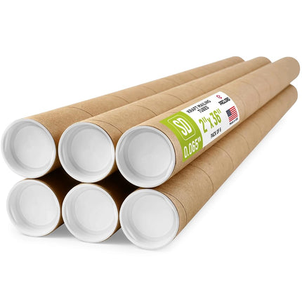 2" x 36" Reinforced Kraft Paper Mailing Tubes, Pack of 6 Tubes with 2 Caps Each – USPS Approved Poster Tube – Made in USA Cardboard Tube for Shipping and Storing Posters, Prints, Artwork, or Documents