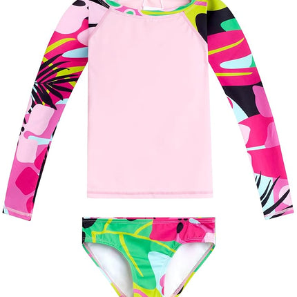 Kanu Surf Girls' Long Sleeve Rashguard UPF 50+ Two Piece Swim Set, Aria Pink, 5T
