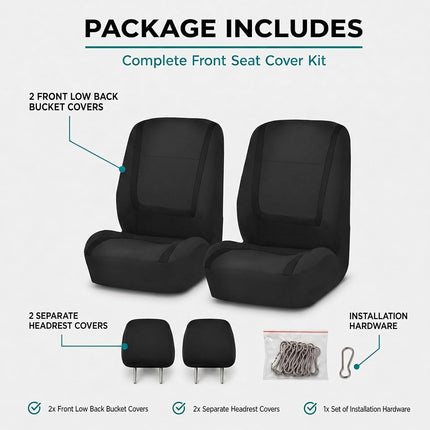 FH Group Car Seat Covers Front Set in Cloth for Low Back Car Seats with Removable Headrest, Universal Fit, Automotive Washable for SUV, Sedan, Van Black