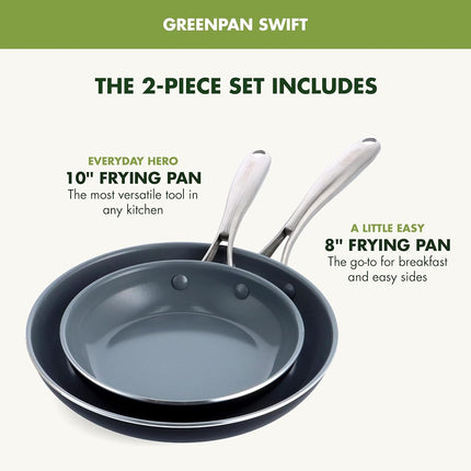 GreenPan Swift Healthy Ceramic Nonstick, 8" and 10" Frying Pan Skillet Set, Stainless Steel Handles, PFAS-Free, Dishwasher Safe, Oven Safe, Gray