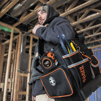 Tool Bag Tote with Shoulder Strap Has 40 Pockets for Tool Storage and Orange Interior KLEIN TOOLS 5541610-14
