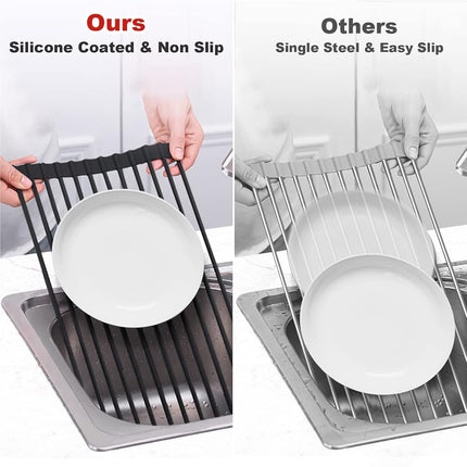 MERRYBOX Roll Up Over The Sink Dish Drying Rack Silicone Wrapped Foldable, Heat-Resistant, Anti-Slip Sink Rack Multipurpose Dish Drainer for Kitchen Sink Counter - Black, 17.5" x 11"