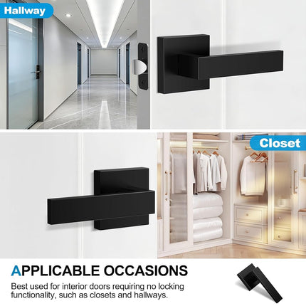 Plustool 1 Pack Matte Black Door Handles, Passage Door Levers for Hallway & Closet, Interior Keyless Door Knobs Heavy Duty Square Non-Locking Handlesets, Reversible for Left & Right Sided Doors