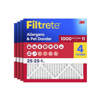 Filtrete Filtro de aire para horno de CA de 25x25x1, MPR 1000, Defensa de microalérgenos, Paquete de 4 (dimensiones exactas 24.688x24.688x0.813)