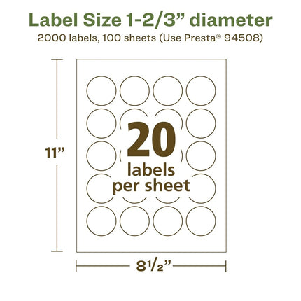 Avery EcoFriendly Matte White Recycled Round Labels, 1-2/3" Diameter, Print-to-The-Edge, Matte White Labels, Permanent Adhesive, Laser/Inkjet Printable, 2,000 Total