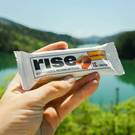 Rise Bar Non-GMO, Gluten Free, Soy Free, Real Whole Food, Whey Protein Bar (20g), No Added Sugar, Almond Honey High Protein Bar with Fiber, Potassium, Natural Vitamins & Nutrients 2.1oz, (12 Count)
