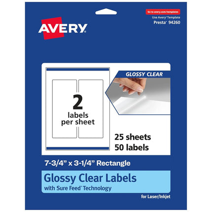 Avery Glossy Clear Rectangle Labels with Sure Feed, 7.75" x 3.25", 50 Glossy Clear Labels, Print-to-The-Edge, Laser/Inkjet Printable Labels
