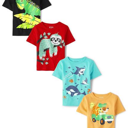 The Children's Place Camisetas gráficas de manga corta con animales para bebés y niños pequeños, paquete múltiple, iguana/perezoso/tiburón/animales, 4T
