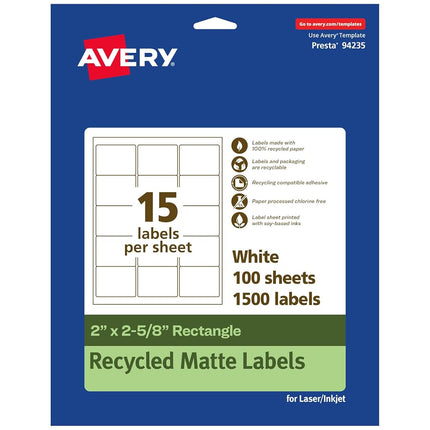 Avery EcoFriendly Matte White Recycled Rectangle Labels, 2" x 2-5/8", Matte White Labels, Permanent Adhesive, Laser/Inkjet Printable, 1,500 Total