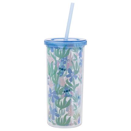 Gobelet haut en plastique Silver Buffalo Disney Lilo et Stitch à motif floral et feuilles avec couvercle et paille, 591 ml