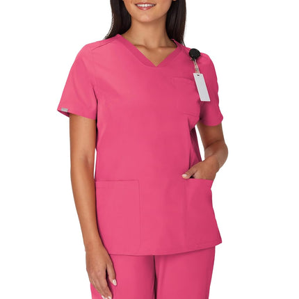 Hanes Women's Scrubs Healthcare Top, Moisture-Wicking Stretch Scrub Shirts, Ribbed Back Panel, Fuchsia Pink, M