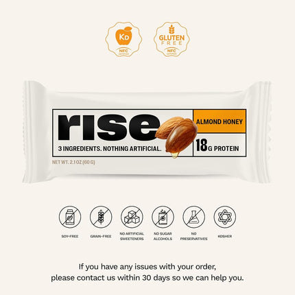 Rise Bar Non-GMO, Gluten Free, Soy Free, Real Whole Food, Whey Protein Bar (20g), No Added Sugar, Almond Honey High Protein Bar with Fiber, Potassium, Natural Vitamins & Nutrients 2.1oz, (12 Count)