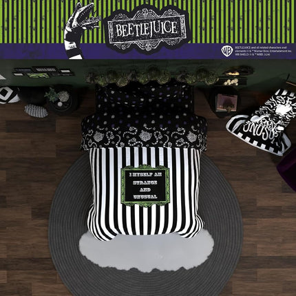 Franco Comforter and Sheet Set, Microfiber, Black & White-Beetlejuice, 5 Piece Queen Size
