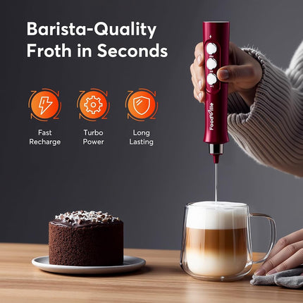 Foodville MF02 Rechargeable Milk Frother Handheld Foam Maker with Stainless Whisk for Cappuccino, Latte, Bulletproof Coffee, Keto Diet, Protein Powder, Matcha