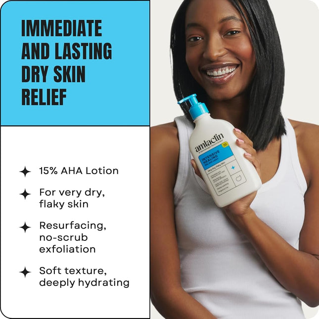 AmLactin Intensive Healing Body Lotion for Dry Skin – 14.1 oz Pump Bottle – 2-in-1 Exfoliator & Moisturizer with Ceramides & 15% Lactic Acid for Relief from Dry Skin (Packaging May Vary)
