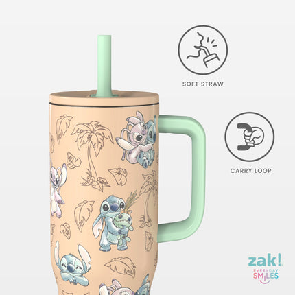 Zak Designs Disney Sutton Vaso de viaje para llevar, acero inoxidable de 30 oz con aislamiento al vacío, pajita de silicona y asa de transporte para bebidas frías (Stitch, Angel)