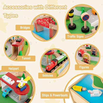 INFANS Train Table, 84 Pieces Wooden Kids Activity Toy Table Playset with Reversible Detachable Tabletop, Tracks, Train, Railway, City for Toddler Boys Girls