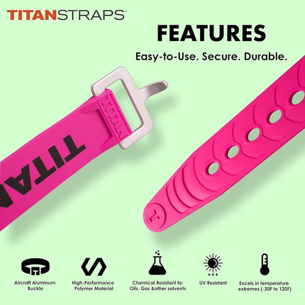 Titan Utility Straps – Easy-To-Use, Reliable Tension Straps for Securing Bike & Moto Gear, Skis, Garden Hoses, Field Repairs – Use in Frigid Temp – 60 lb. Working Load, 18" Length, Fluoro Pink, 4-Pack