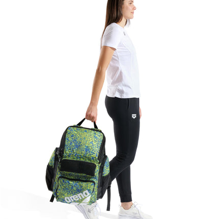 Arena One Go Backpack Swimmers Athletes Sports Gym Rucksack Multisport Daypack Large Size Training Gear Equipment Swim Bag for Men and Women, 45 Liters, Snakeskin Print Green