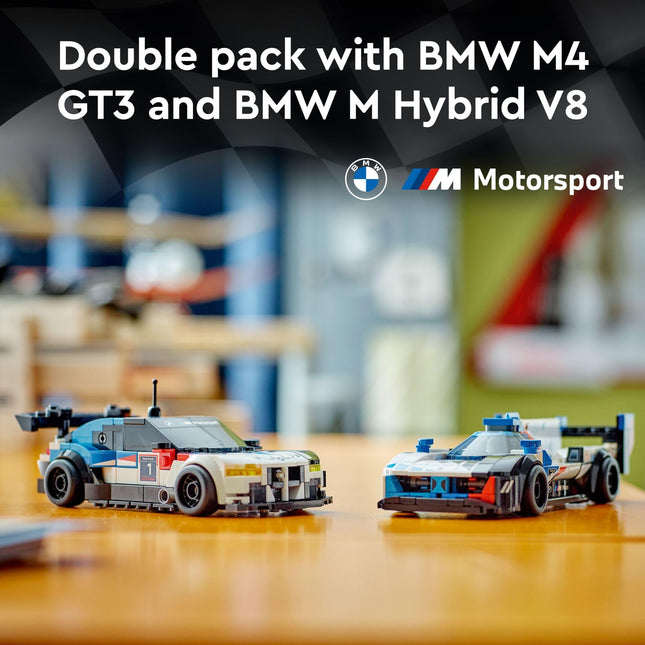 LEGO Speed Champions BMW M4 GT3 & BMW M Hybrid V8 Race Car Toys for 9 Plus Year Old Boys & Girls, Buildable Model Vehicles with 2 Driver Minifigures, Kids' Bedroom Decoration, Birthday Gift Idea 76922
