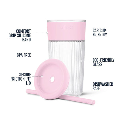 Ello Ava 18oz Glass Tumbler with Straw and Lid | Premium Ribbed Glass with Silicone Grip, Car Cup Friendly, Dishwasher Safe, BPA Free | Iced Coffee, Water, Matcha, Juice Cup | Pink Orchard