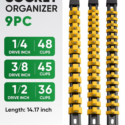 ALOANES 9 PC ABS Socket Organizer, 1/2 inch, 3/8 inch and 1/4 inch Drive Socket Rail Holders, Heavy Duty Socket Racks, Black Rails with Yellow Clips