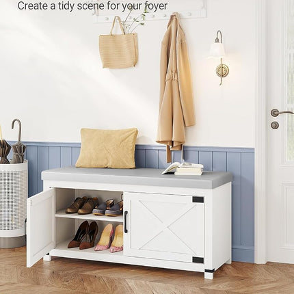 Hzuaneri Shoe Storage Bench, Soft Padded Seat Cushion & 2 Barn Doors White